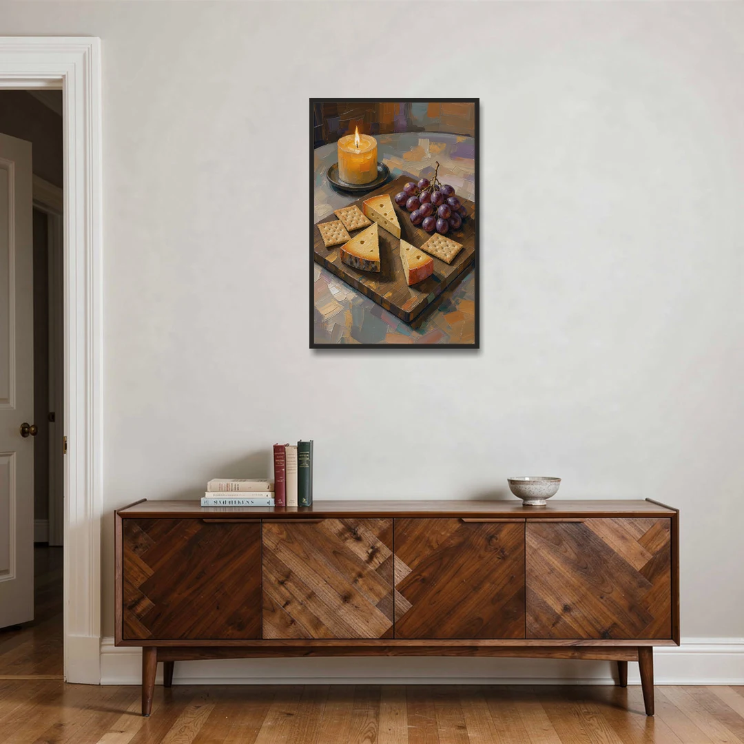 Cheese Board by Candlelight for the Restaurant - Black Framed Canvas Wall Art - Coffee Table - 24x36
