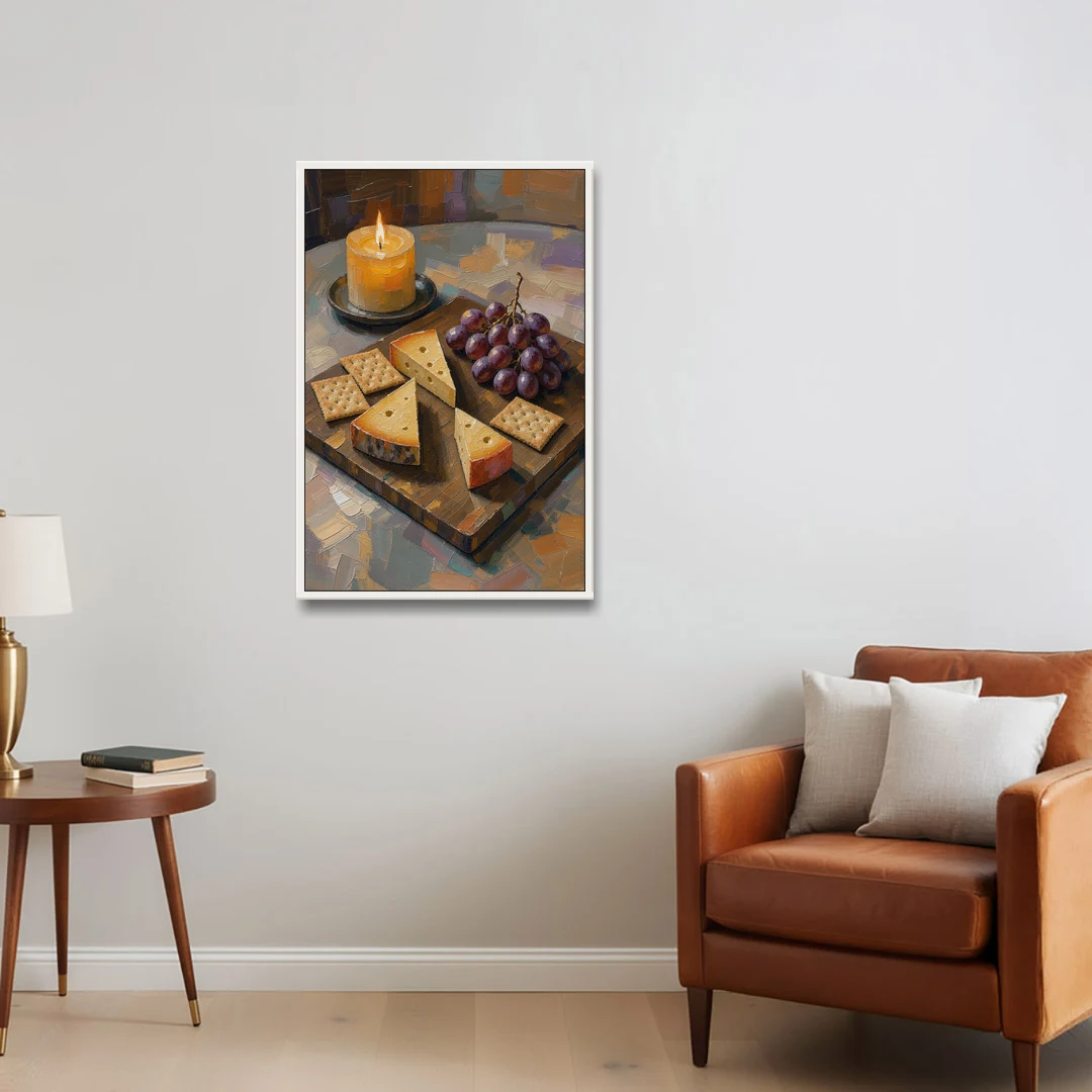 Cheese Board by Candlelight for the Restaurant - White Framed Canvas Wall Art - Sofa - 24x36