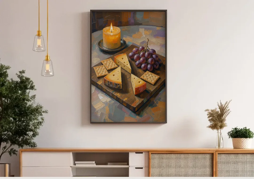Cheese Board by Candlelight for the Restaurant canvas wall art above a wooden sideboard under pendant lights