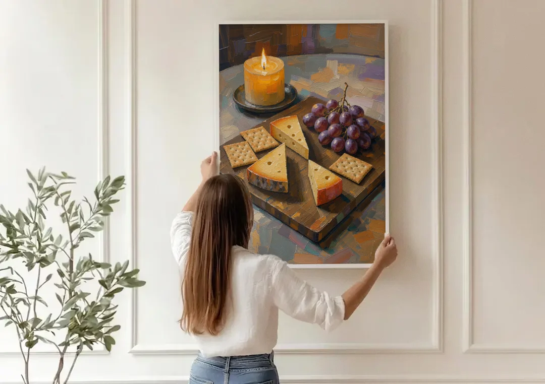 Cheese Board by Candlelight for the Restaurant canvas wall art being hung on a paneled wall