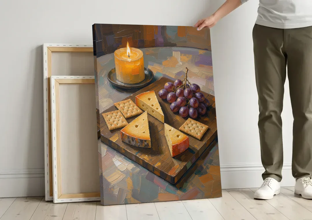 Cheese Board by Candlelight for the Restaurant canvas wall art leaning against a wall next to blank canvases