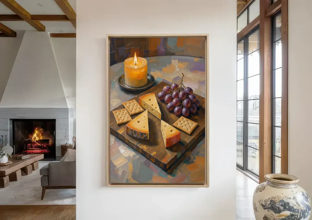 Cheese Board by Candlelight for the Restaurant canvas wall art in a living room with a fireplace