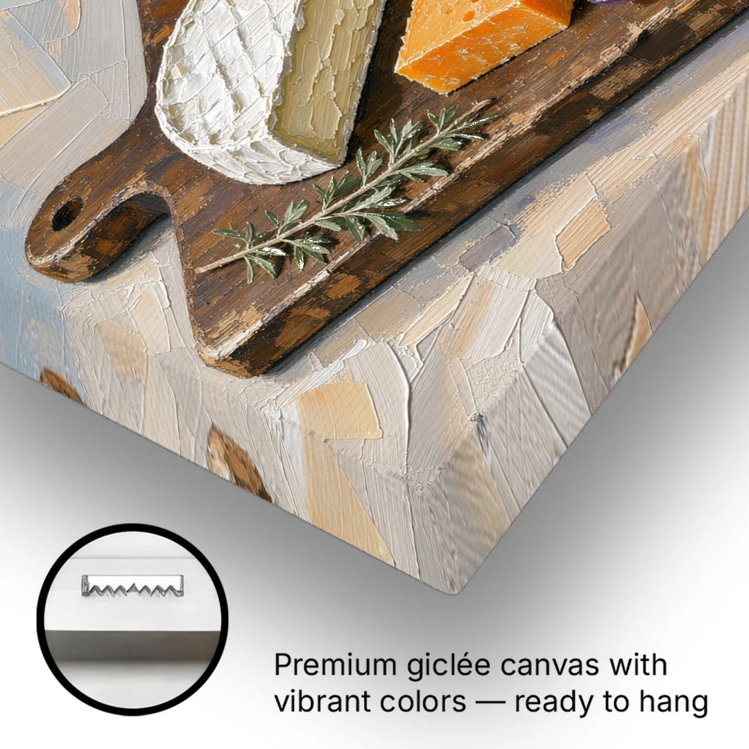 Cheese Board Painting With Brie and Grapes - Canvas Wall Art - Gallery Wrap Corner