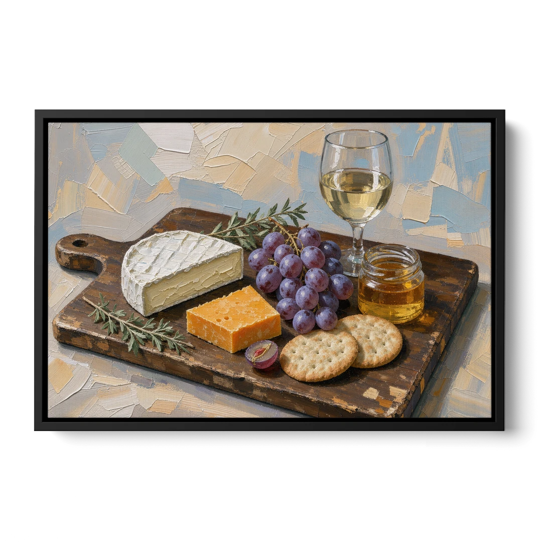 Cheese Board Painting With Brie and Grapes - Black Framed Canvas Wall Art - Front