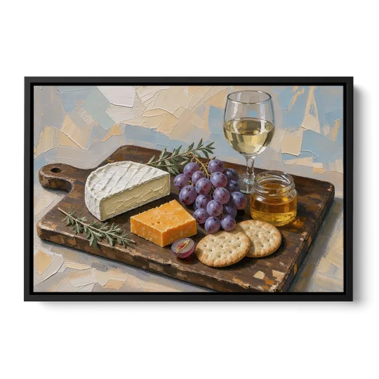 Cheese Board Painting With Brie and Grapes - Black Framed Canvas Wall Art - Front