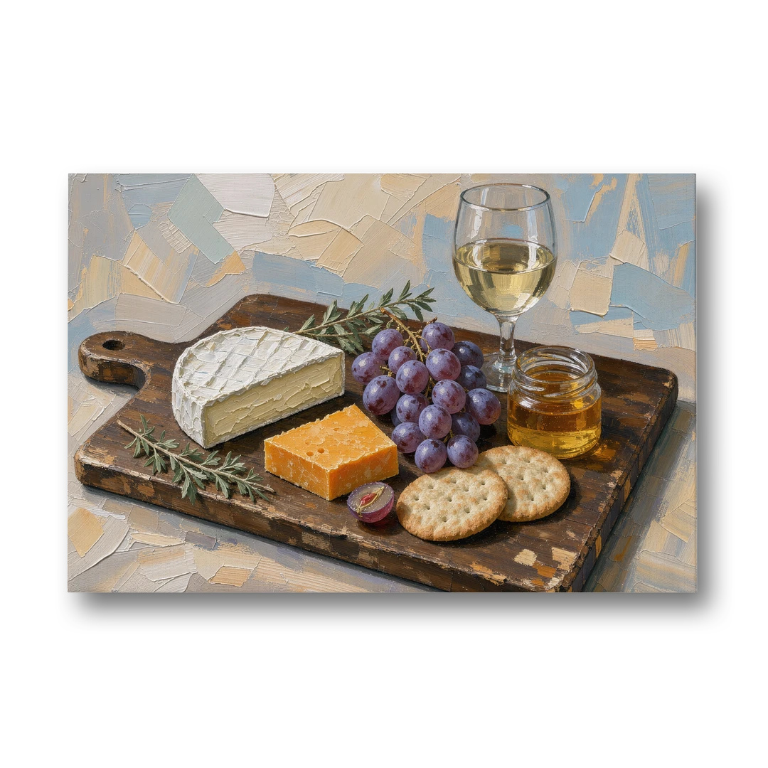 Cheese Board Painting With Brie and Grapes - Canvas Wall Art - Front