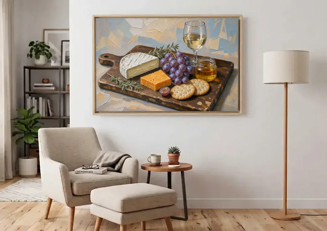 Cheese Board Painting With Brie and Grapes canvas wall art above an armchair in a bright living room