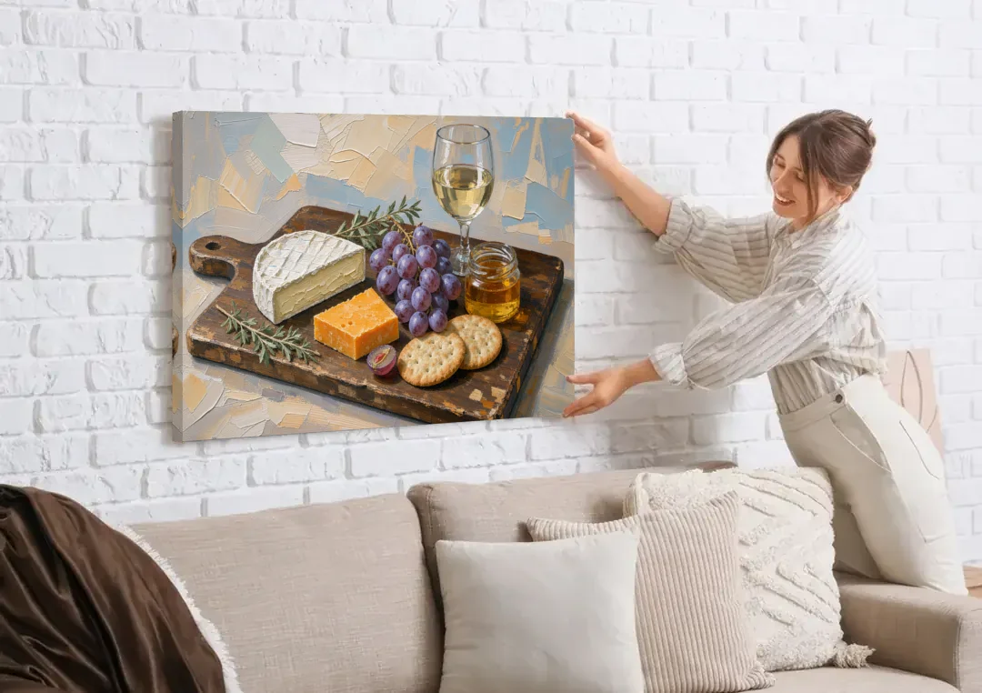 Cheese Board Painting With Brie and Grapes canvas wall art being hung on a white brick wall above a sofa