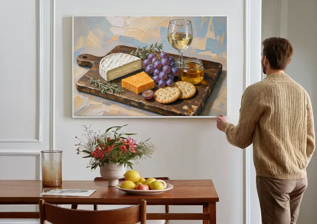 Cheese Board Painting With Brie and Grapes canvas wall art above a dining table