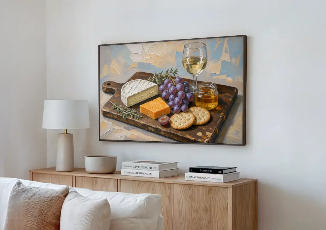 Cheese Board Painting With Brie and Grapes canvas wall art above a wooden sideboard next to a sofa