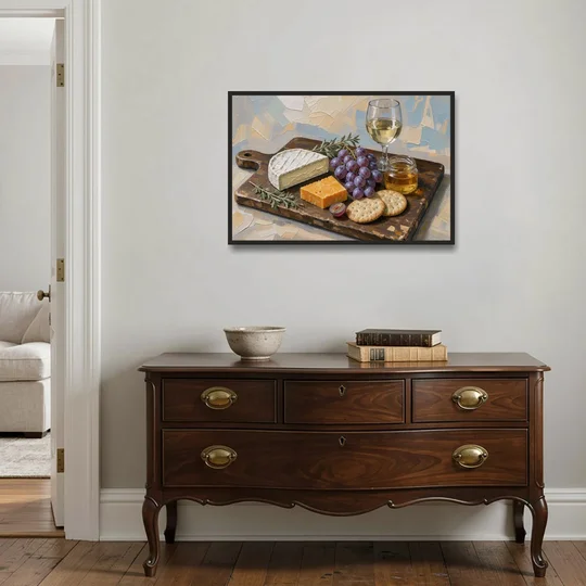 Cheese Board Painting With Brie and Grapes - Black Framed Canvas Wall Art - Coffee Table - 36x24