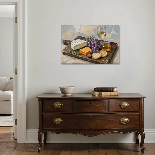 Cheese Board Painting With Brie and Grapes - Canvas Wall Art - Coffee Table - 36x24