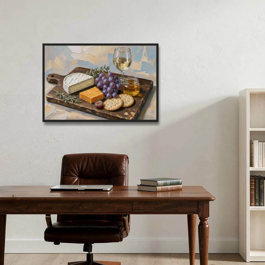 Cheese Board Painting With Brie and Grapes - Black Framed Canvas Wall Art - Office - 36x24