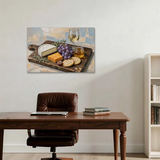 Cheese Board Painting With Brie and Grapes - Canvas Wall Art - Office - 36x24