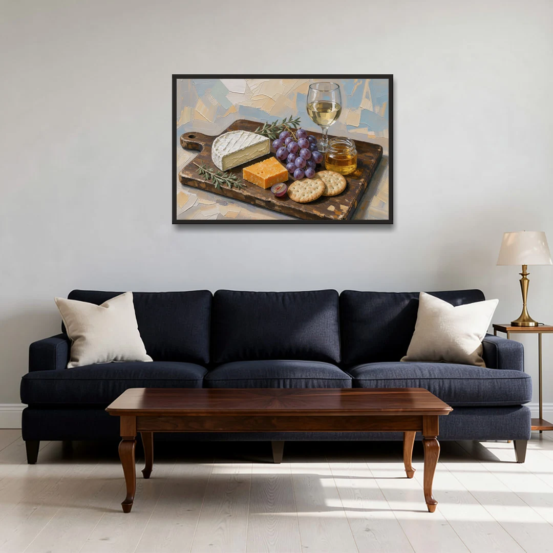 Cheese Board Painting With Brie and Grapes - Black Framed Canvas Wall Art - Sofa - 36x24