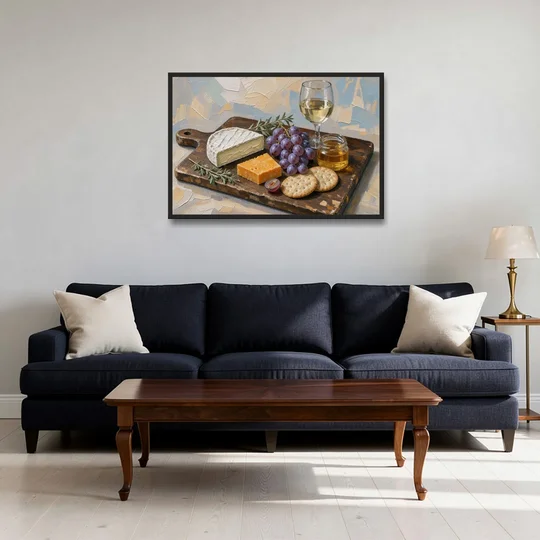 Cheese Board Painting With Brie and Grapes - Black Framed Canvas Wall Art - Sofa - 36x24