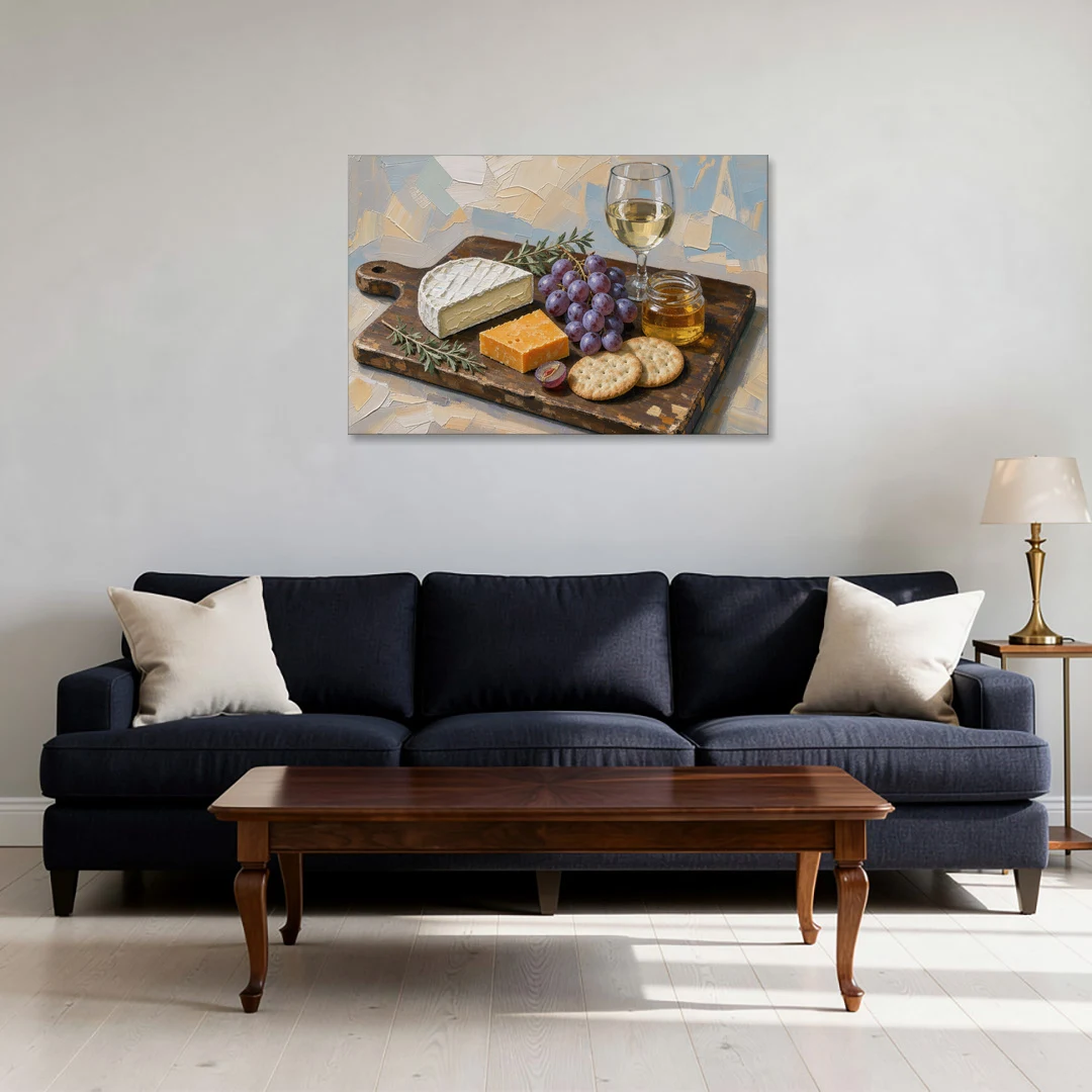 Cheese Board Painting With Brie and Grapes - Canvas Wall Art - Sofa - 36x24