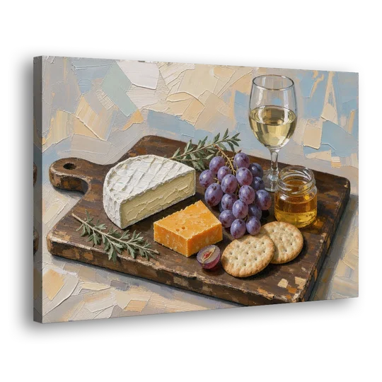 Cheese Board Painting With Brie and Grapes - Canvas Wall Art - Side