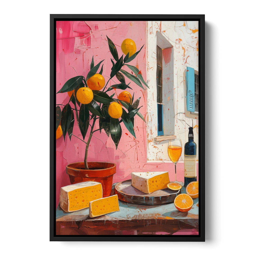 Cheese Painting with a Potted Orange Tree - Black Framed Canvas Wall Art - Front