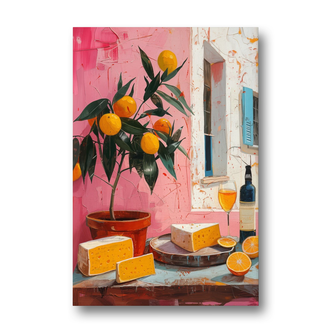 Cheese Painting with a Potted Orange Tree - Canvas Wall Art - Front