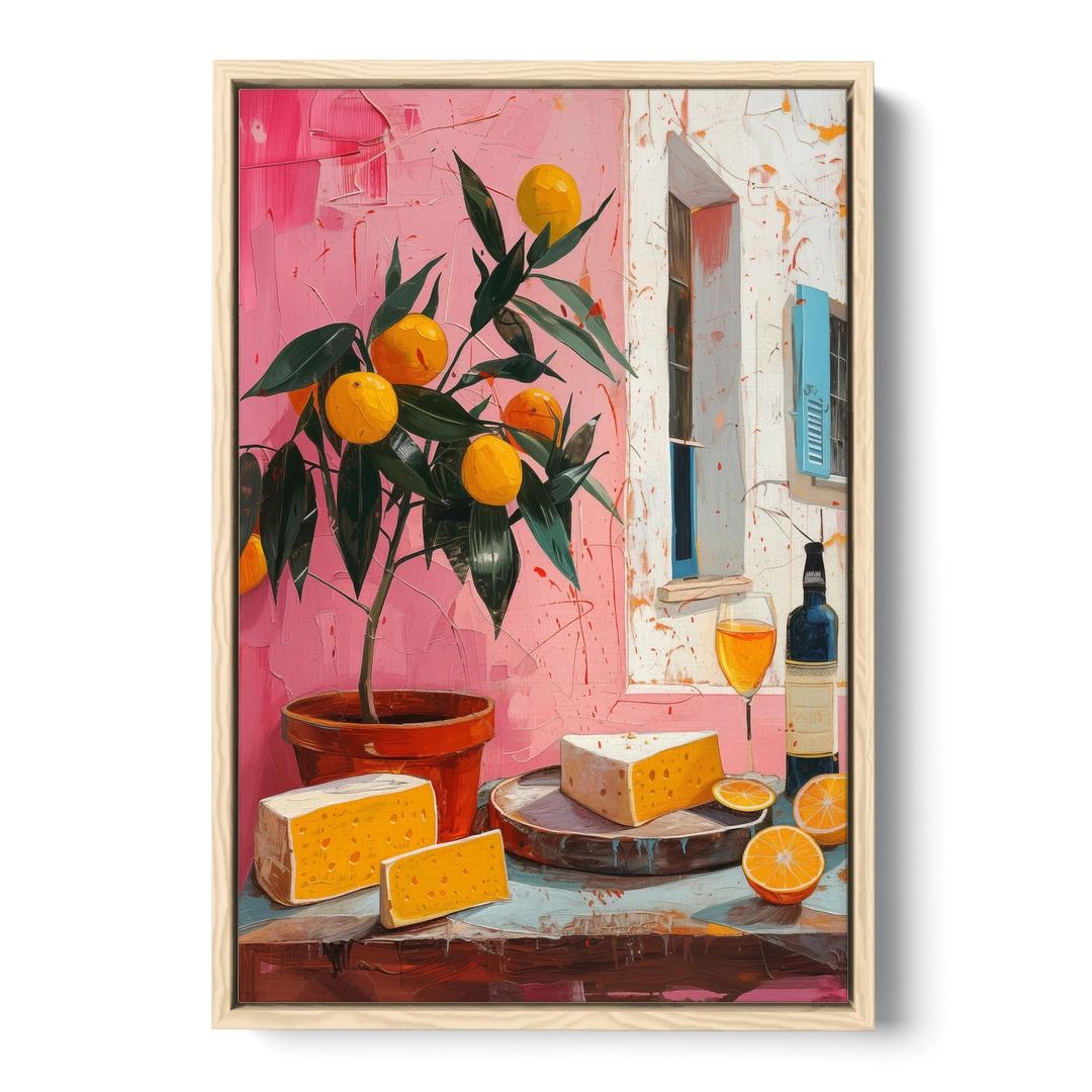 Cheese Painting with a Potted Orange Tree - Oak Framed Canvas Wall Art - Front