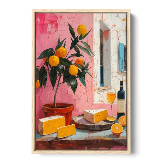 Cheese Painting with a Potted Orange Tree - Oak Framed Canvas Wall Art - Front