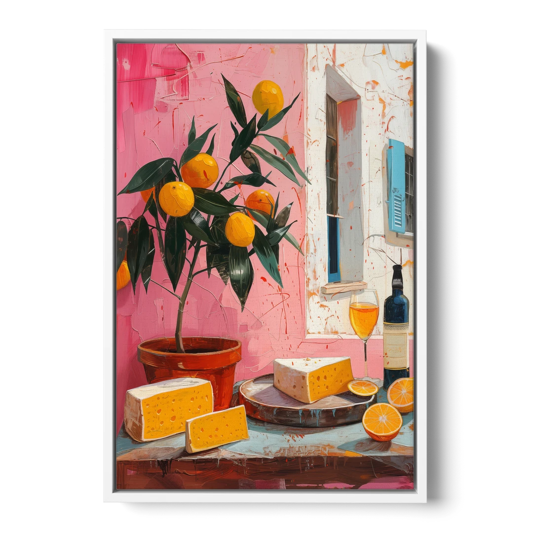 Cheese Painting with a Potted Orange Tree - White Framed Canvas Wall Art - Front