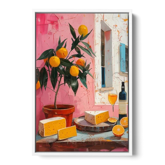 Cheese Painting with a Potted Orange Tree - White Framed Canvas Wall Art - Front