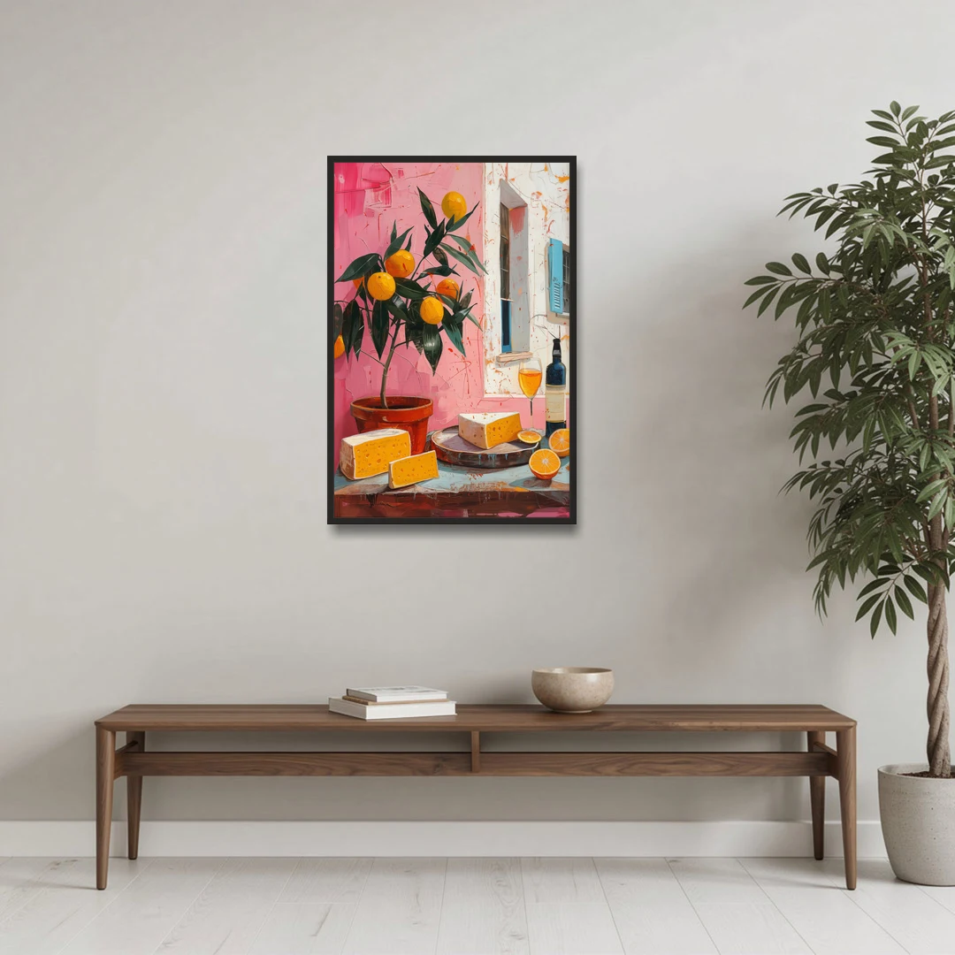 Cheese Painting with a Potted Orange Tree - Black Framed Canvas Wall Art - Coffee Table - 24x36