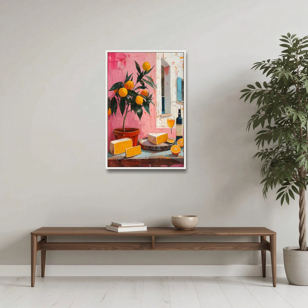 Cheese Painting with a Potted Orange Tree - White Framed Canvas Wall Art - Coffee Table - 24x36