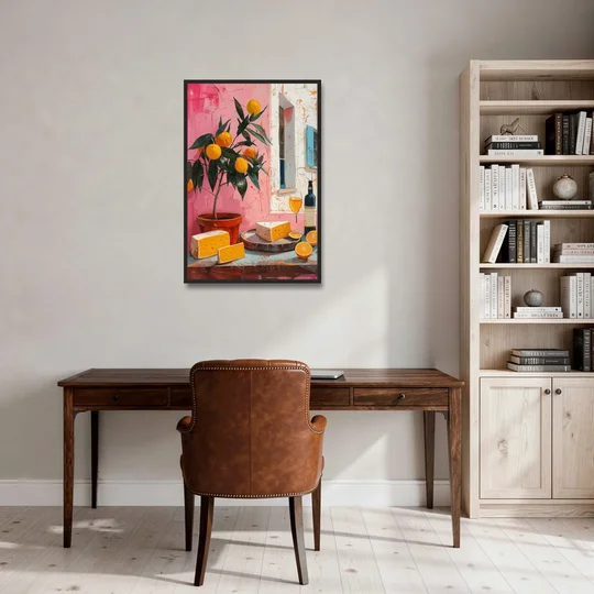 Cheese Painting with a Potted Orange Tree - Black Framed Canvas Wall Art - Office - 24x36