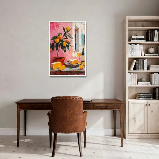 Cheese Painting with a Potted Orange Tree - White Framed Canvas Wall Art - Office - 24x36