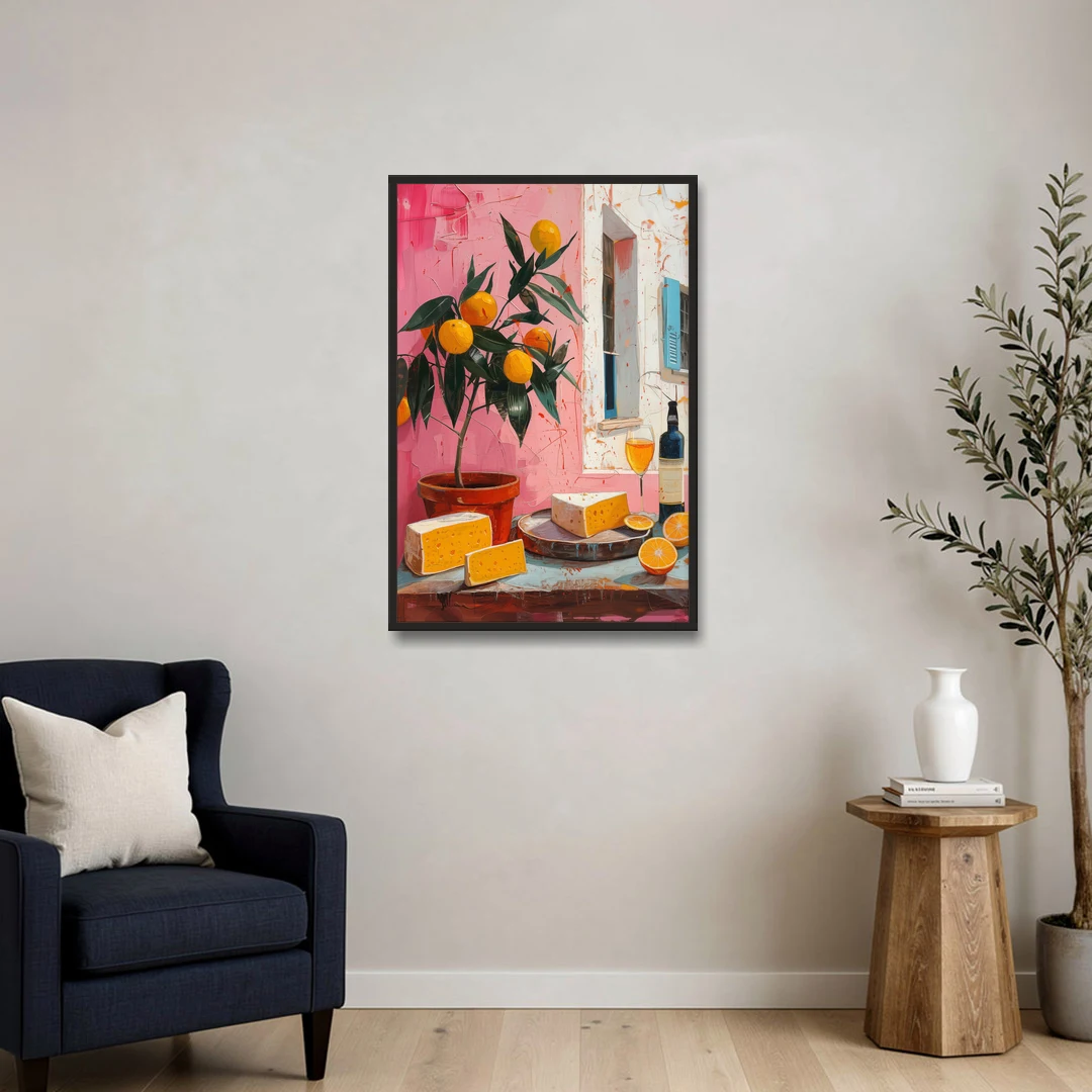 Cheese Painting with a Potted Orange Tree - Black Framed Canvas Wall Art - Sofa - 24x36