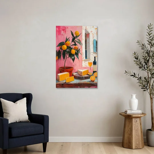 Cheese Painting with a Potted Orange Tree - Canvas Wall Art - Sofa - 24x36
