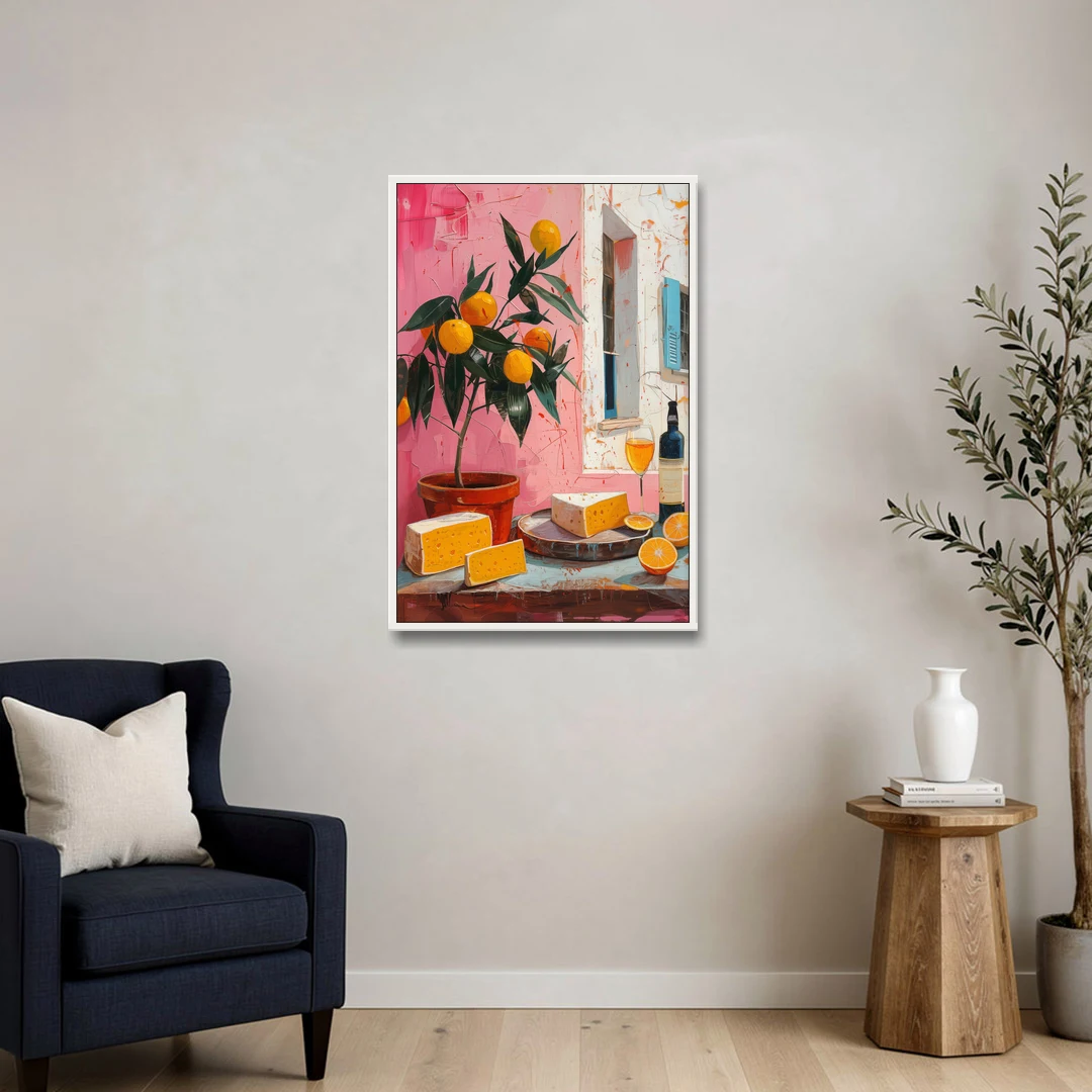Cheese Painting with a Potted Orange Tree - White Framed Canvas Wall Art - Sofa - 24x36