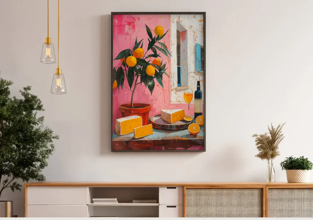Cheese Painting with a Potted Orange Tree canvas wall art above a wooden sideboard under pendant lights