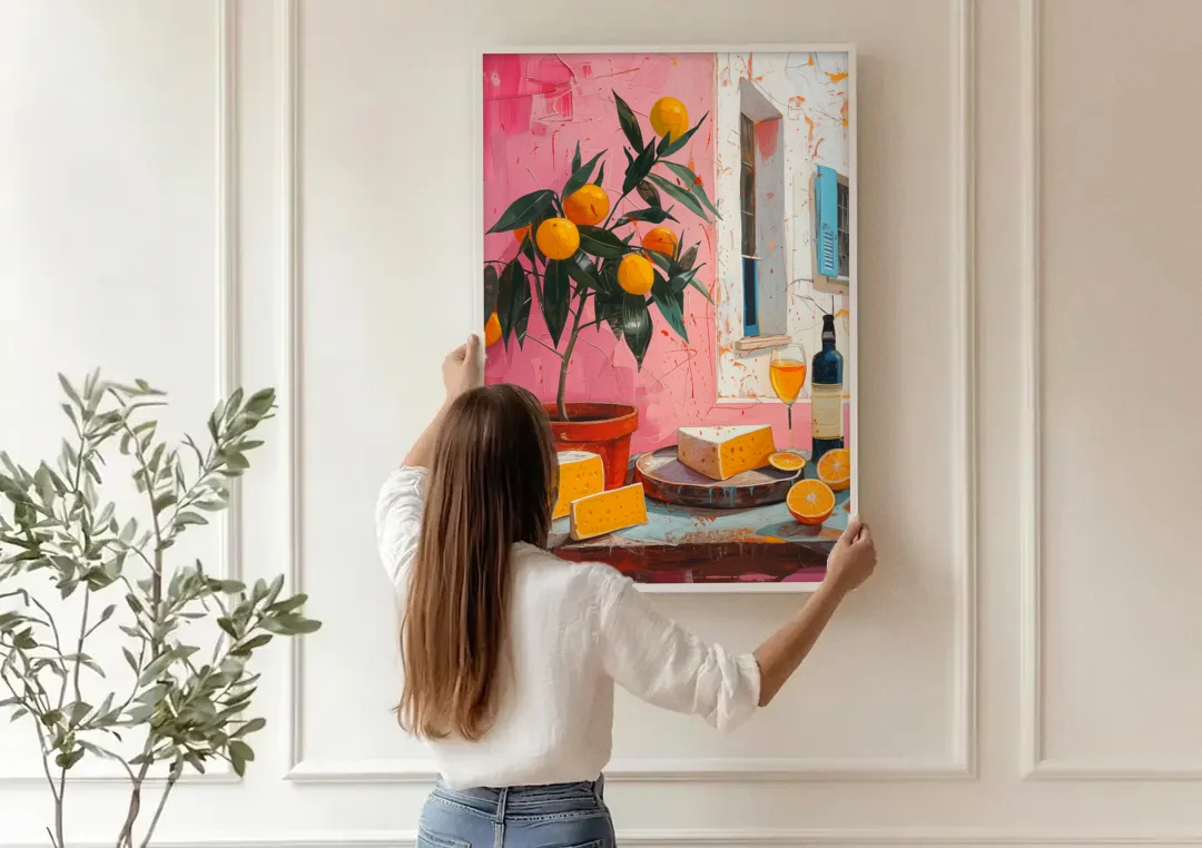 Cheese Painting with a Potted Orange Tree canvas wall art being hung on a paneled wall