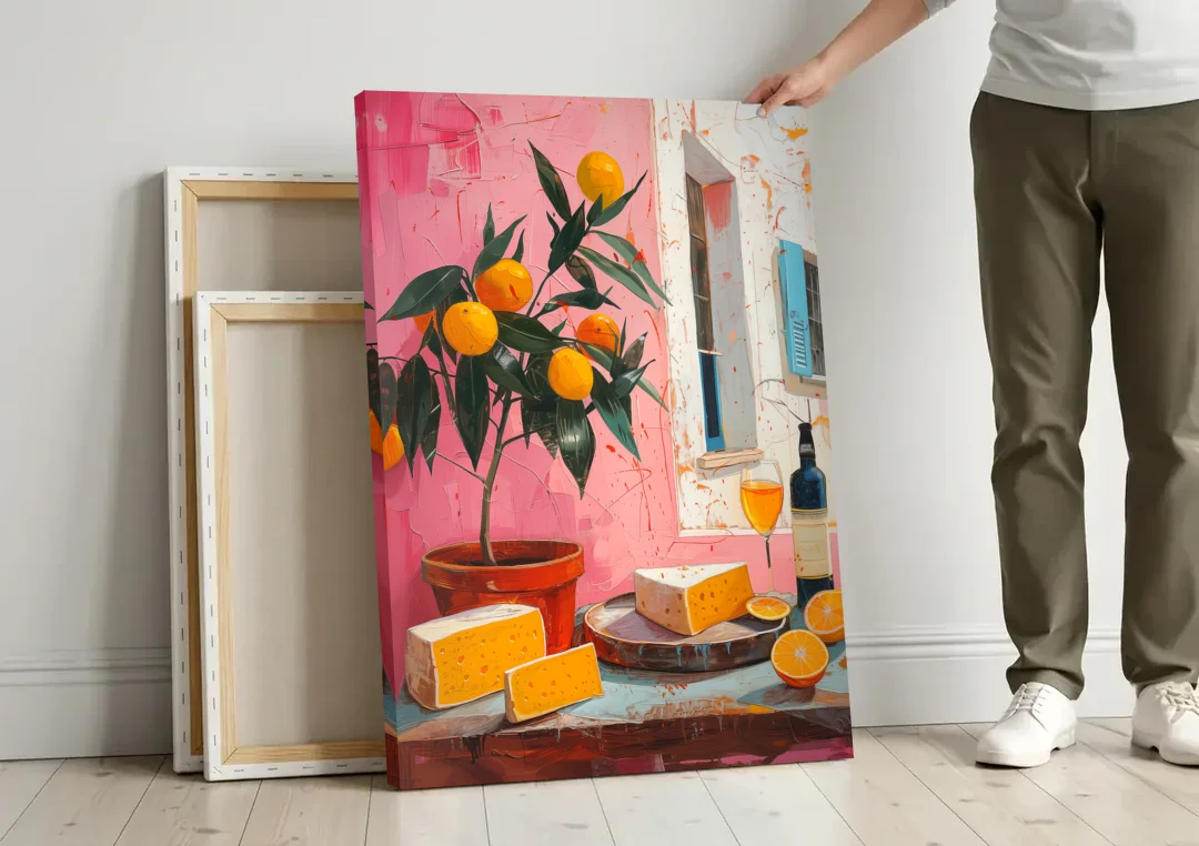 Cheese Painting with a Potted Orange Tree canvas wall art leaning against a wall next to blank canvases