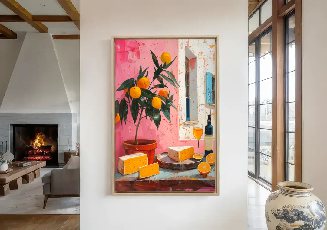 Cheese Painting with a Potted Orange Tree canvas wall art in a living room with a fireplace