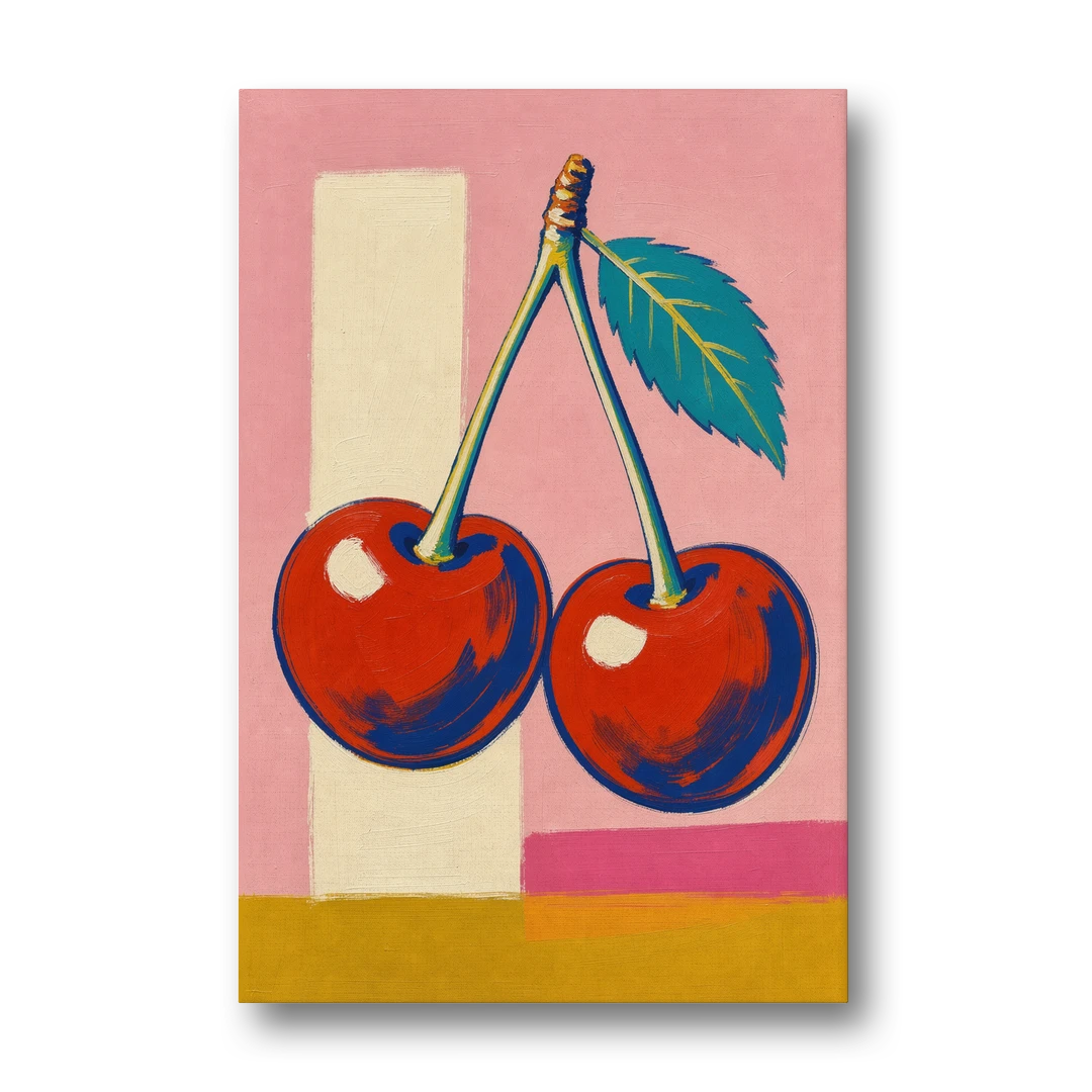 Cherries Painting with a Teal Leaf - Canvas Wall Art - Front