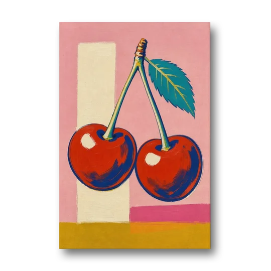 Cherries Painting with a Teal Leaf - Canvas Wall Art - Front