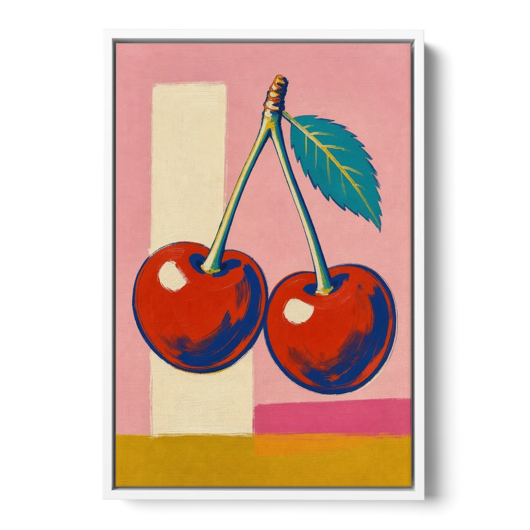 Cherries Painting with a Teal Leaf - White Framed Canvas Wall Art - Front