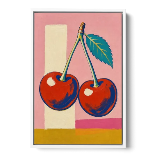 Cherries Painting with a Teal Leaf - White Framed Canvas Wall Art - Front