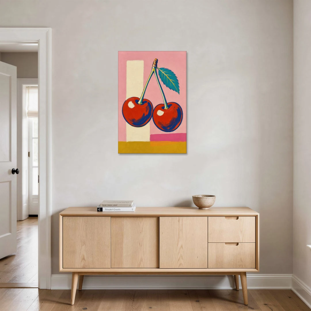 Cherries Painting with a Teal Leaf - Canvas Wall Art - Coffee Table - 24x36