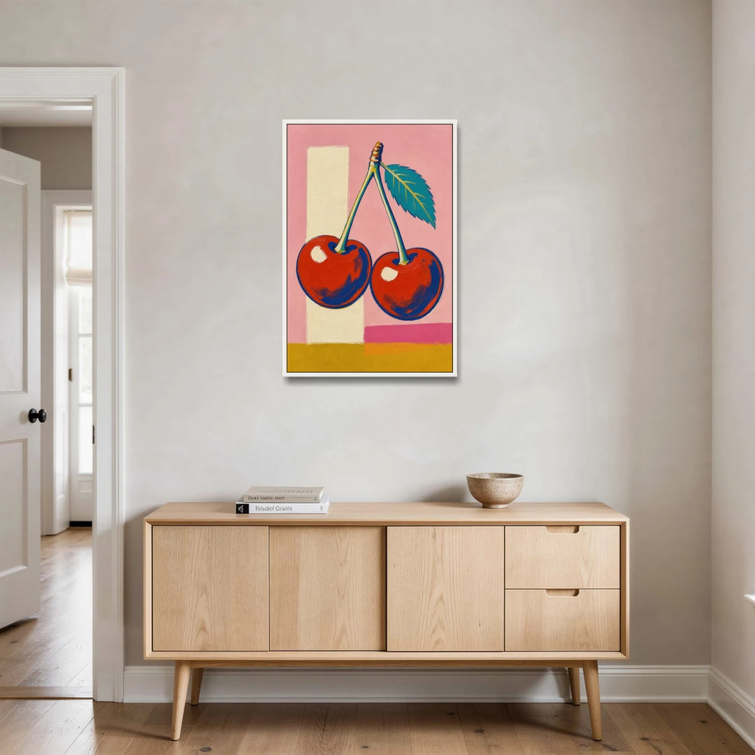 Cherries Painting with a Teal Leaf - White Framed Canvas Wall Art - Coffee Table - 24x36