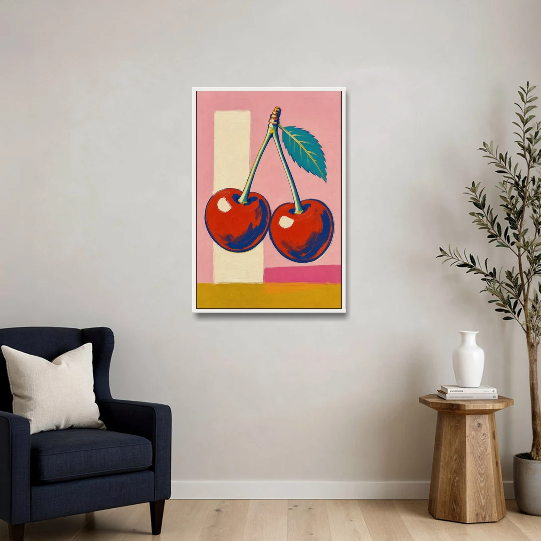 Cherries Painting with a Teal Leaf - White Framed Canvas Wall Art - Sofa - 24x36