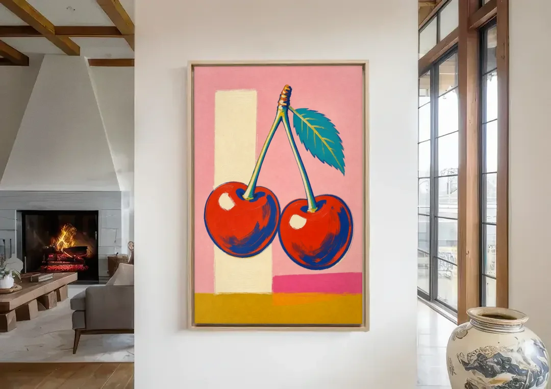 Cherries Painting with a Teal Leaf canvas wall art in a living room with a fireplace