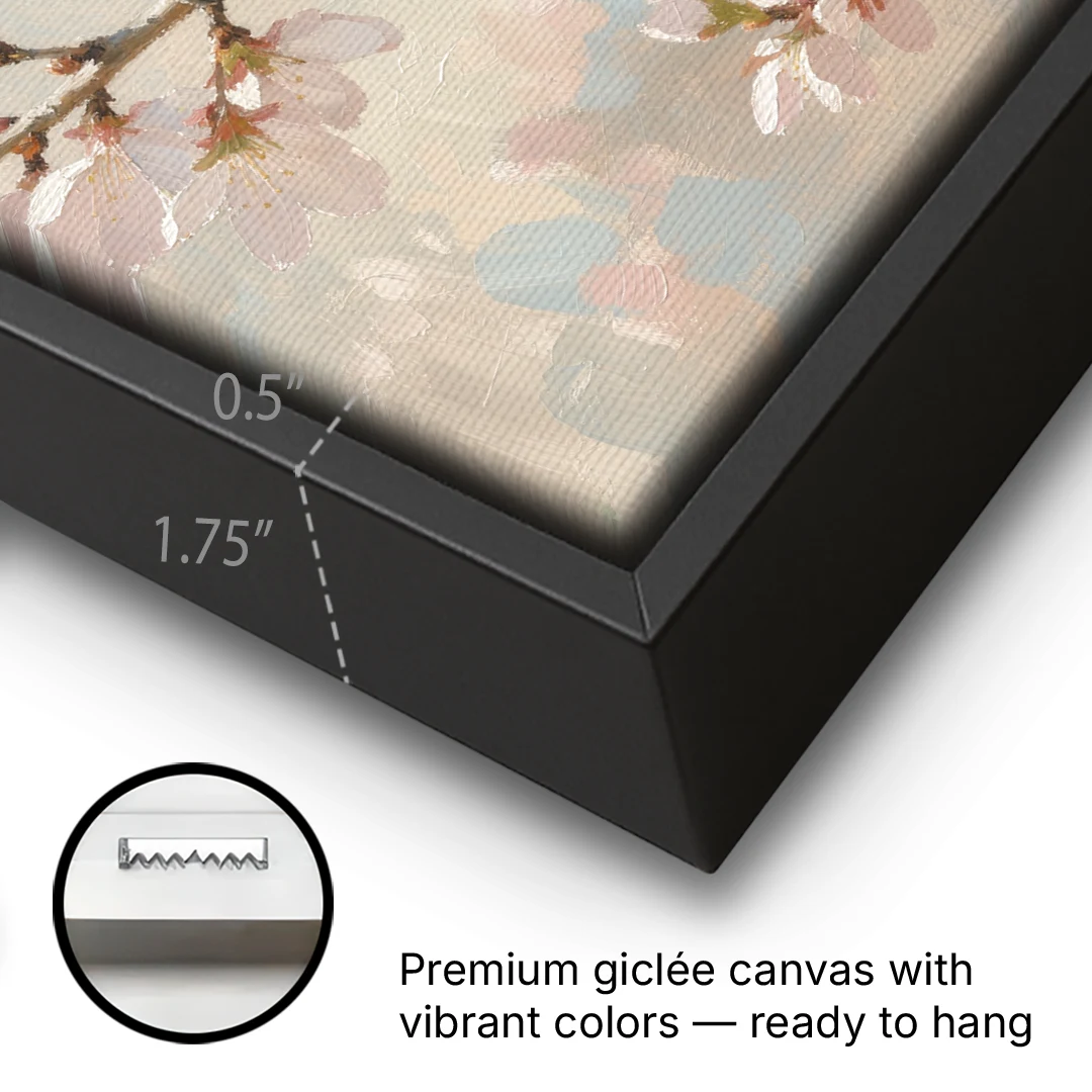 Cherry Blossom Bird Painting of White-Eyes - Black Framed Canvas Wall Art - Gallery Wrap Corner