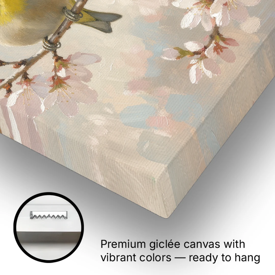 Cherry Blossom Bird Painting of White-Eyes - Canvas Wall Art - Gallery Wrap Corner