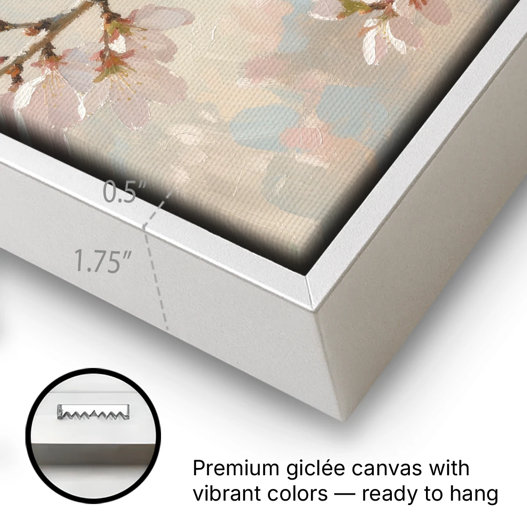 Cherry Blossom Bird Painting of White-Eyes - White Framed Canvas Wall Art - Gallery Wrap Corner